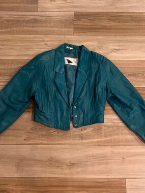 Yucatan Bay Womens Teal Green Crop 80s Leather Jacket Size M Vintage Snap Close